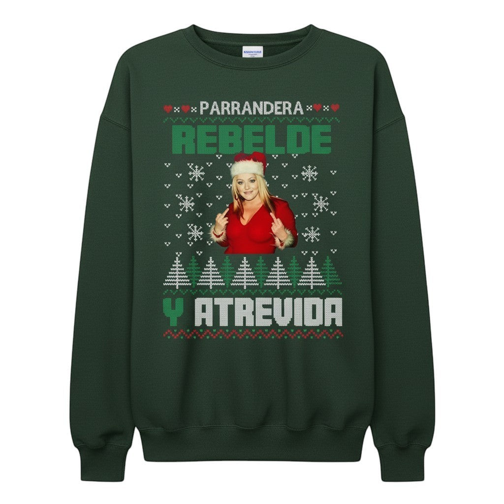 COMFORT green unisex graphic sweatshirt with "Parrandera Rebelde Y Atrevida" text and holiday graphics.