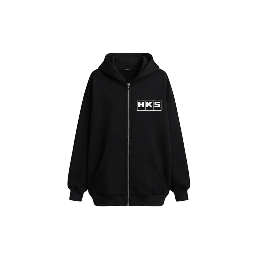 COMFORTHKS graphic zip-up hoodie in black with white logo and front pockets.