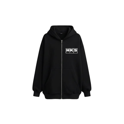 COMFORTHKS graphic zip-up hoodie in black with white logo and front pockets.