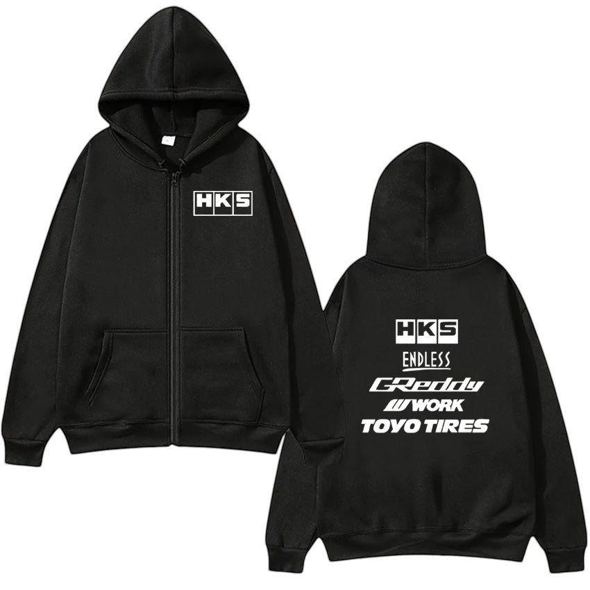 COMFORTHKS graphic zip-up hoodie with multiple brand logos on black fabric. Features front pockets and a hood.