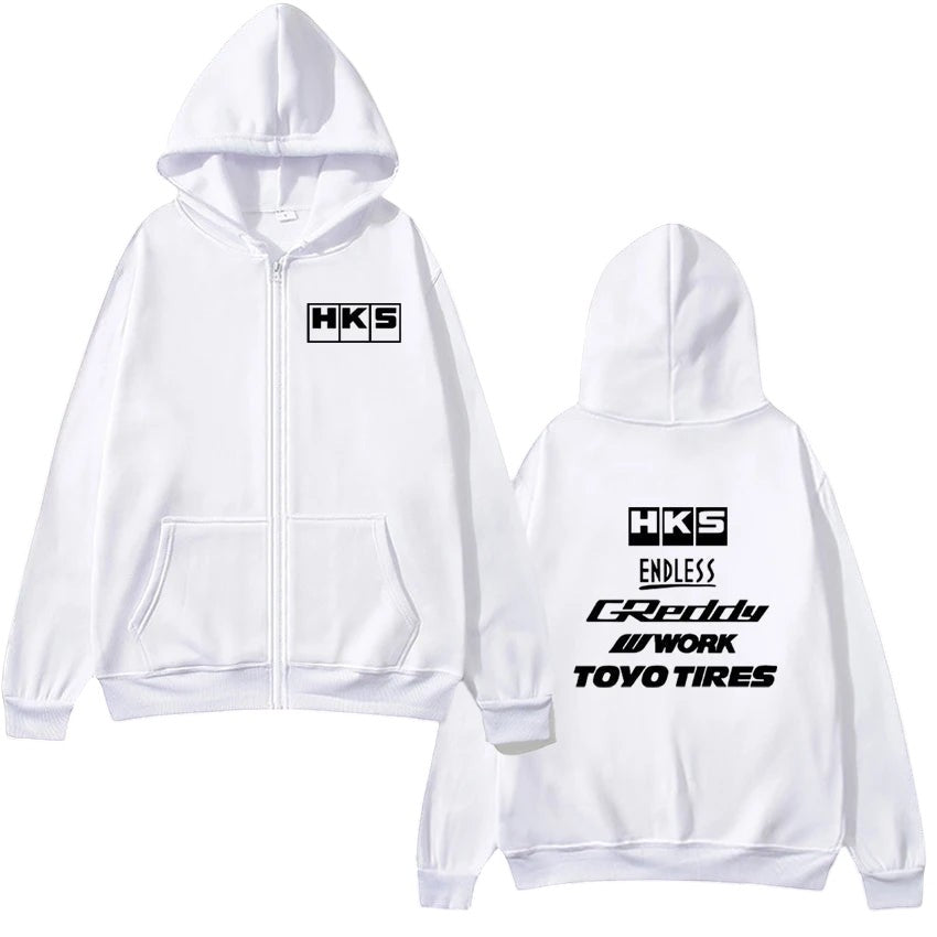 COMFORTHKS graphic zip-up hoodie with multiple brand logos on white fabric. Features front pockets and a hood.