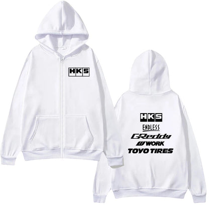 COMFORTHKS graphic zip-up hoodie with multiple brand logos on white fabric. Features front pockets and a hood.