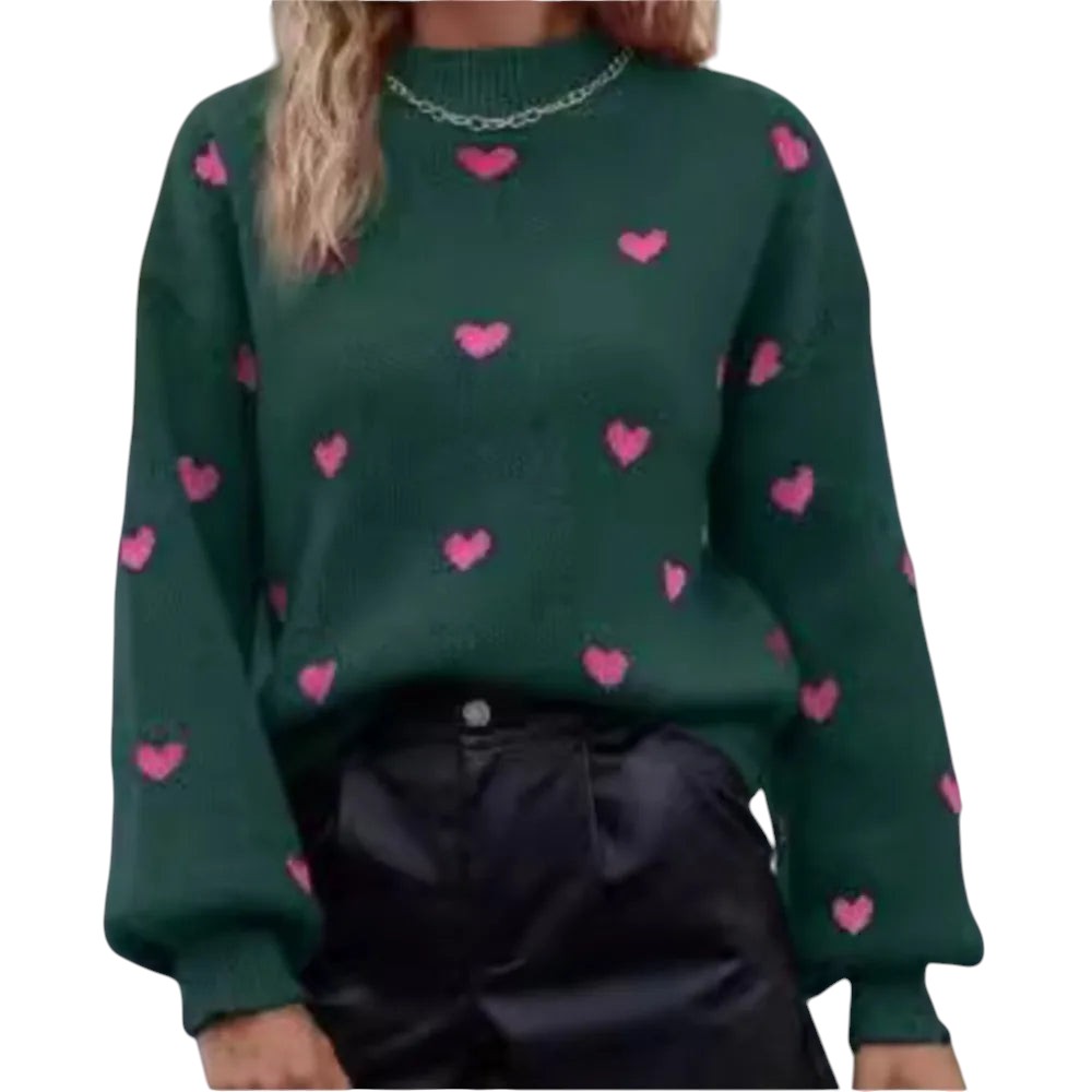 COMFORTH green knit sweater with pink heart pattern, long sleeves, crew neck, and ribbed cuffs and hem.