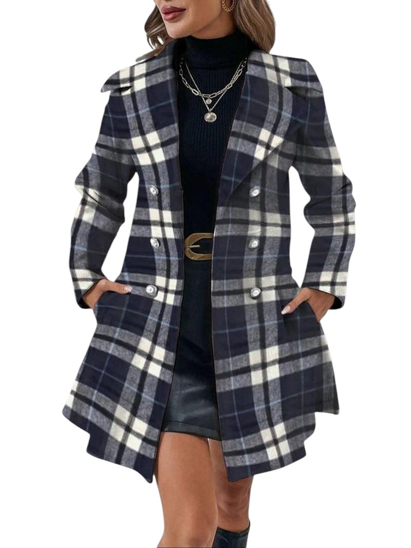 COMFORTH Women's double-breasted peacoat in green plaid with lapel collar and pearl-like buttons.