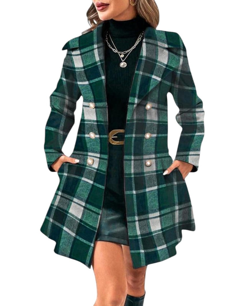 COMFORTH Women's green plaid double-breasted peacoat with lapel collar and pearl-like buttons.