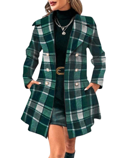 COMFORTH Women's green plaid double-breasted peacoat with lapel collar and pearl-like buttons.