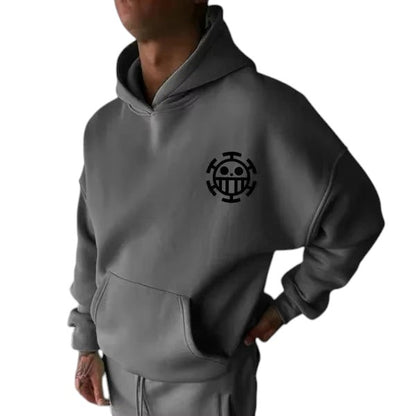 COMFORT grey cotton blend anime graphic hoodie with front pocket and chest emblem. Relaxed fit, pullover style.
