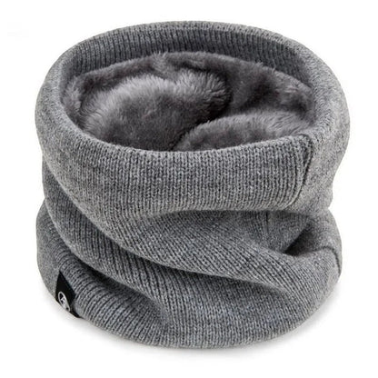 COMFORT grey knit neck gaiter scarf with plush fleece lining for winter warmth and outdoor activities.