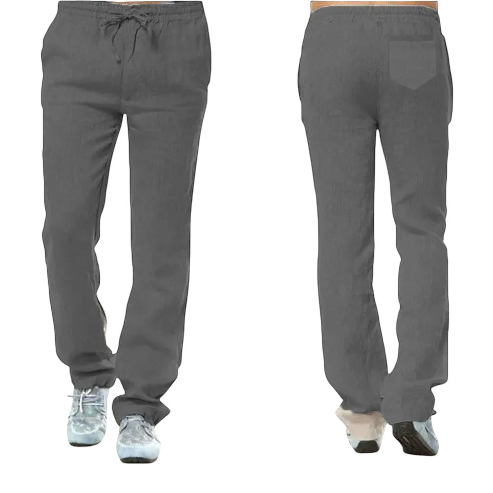 COMFORTH grey linen blend drawstring casual pants with side pockets and a relaxed fit.