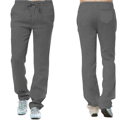 COMFORTH grey linen blend drawstring casual pants with side pockets and a relaxed fit.