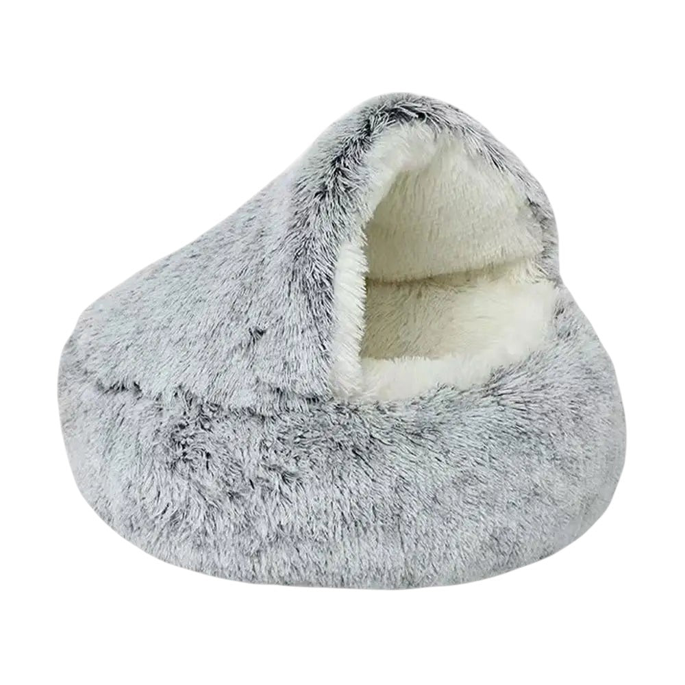 COMFORT grey plush enclosed cat bed with a cozy burrowing nest design for ultimate security and relaxation.