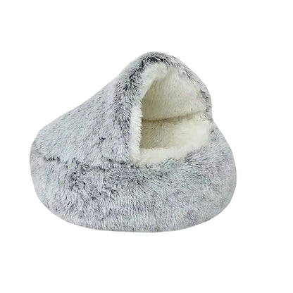 COMFORT grey plush enclosed cat bed with a soft, cozy interior and burrowing design for security and warmth.