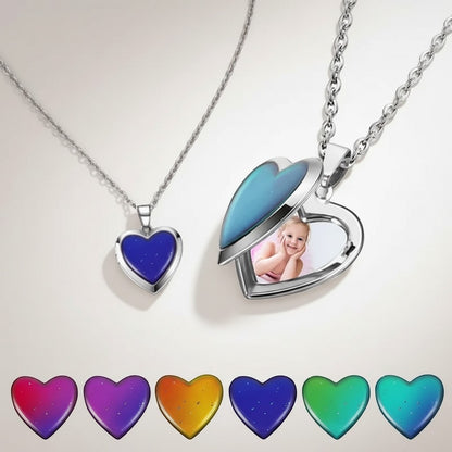 COMFORTH Heart shaped locket necklace with thermochromic stone and photo inside. Silver tone.