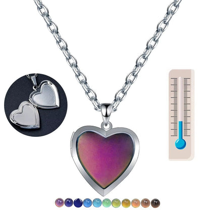 COMFORTH Heart shaped locket photo pendant necklace with thermochromic stone and silver-tone chain. Opens to hold photo.