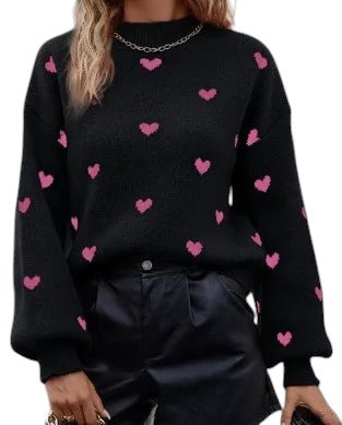 COMFORTH black knit sweater with pink heart pattern, crew neck, long sleeves, and relaxed fit.