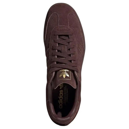 COMFORTHere Adidas Samba OG burgundy suede casual sneakers with gold logo detail.