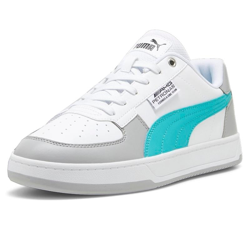 COMFORTHere Puma Mercedes AMG Petronas Formula 1 Team sneakers in white, grey, and turquoise. Synthetic leather with perforated toe box and lace-up closure.