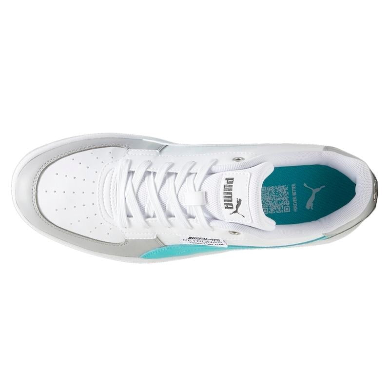 COMFORTHere Puma Mercedes AMG Petronas Formula 1 Team sneakers in white synthetic leather with turquoise accents and grey trim.