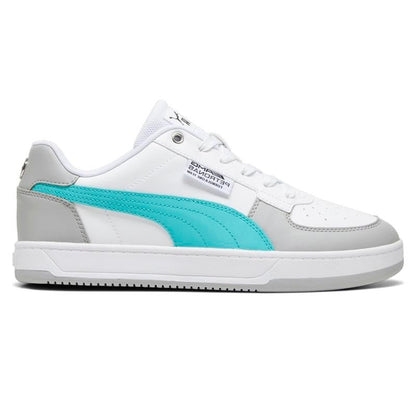 COMFORTHere Puma Mercedes AMG Petronas Formula 1 sneakers in white, grey, and turquoise. Synthetic leather with perforated toe box.