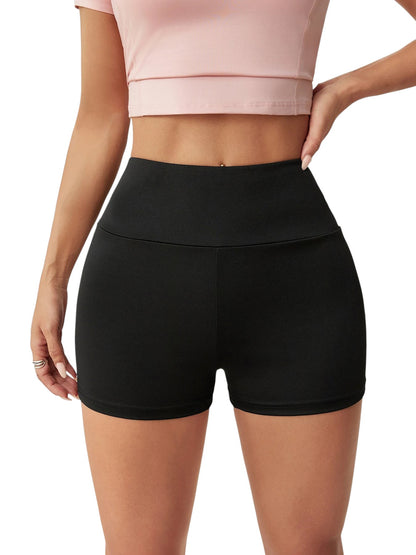 COMFORTHigh waisted black athletic shorts with side stripe detail, moisture-wicking fabric, perfect for workouts or lounging.