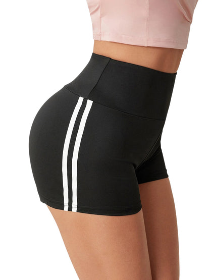 COMFORTHigh waisted black athletic shorts with white side stripe detail, moisture-wicking fabric
