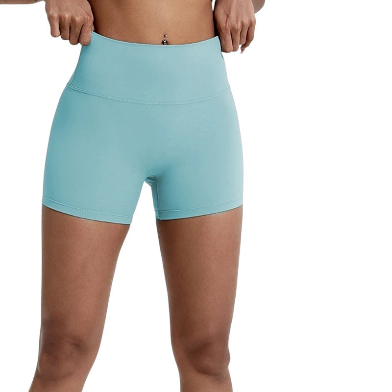 COMFORTHere women's high-waisted athletic shorts in light blue, seamless design, four-way stretch fabric.