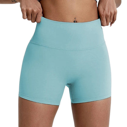 COMFORT light blue high-waisted athletic shorts for women, seamless, four-way stretch, moisture-wicking fabric.