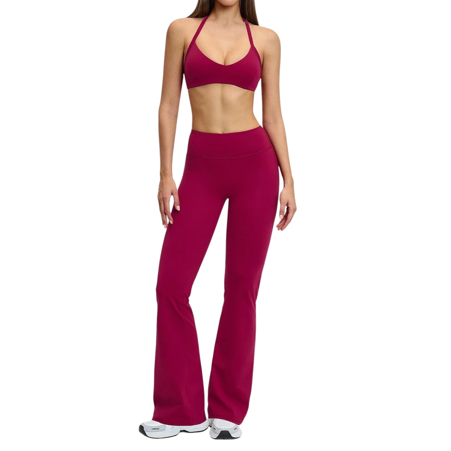 COMFORT women's high-waisted flare yoga pants in a deep berry color, made from a stretchy fabric.