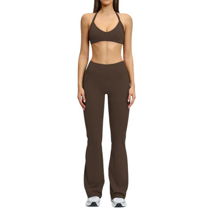 COMFORT women's high-waisted brown flare yoga pants made of soft, breathable, stretchy fabric.