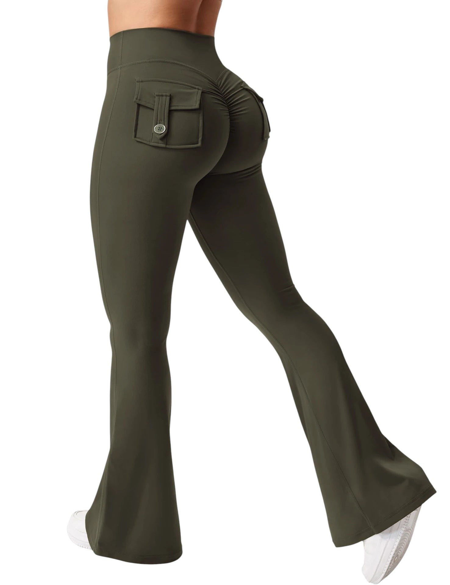 COMFORT olive green high-waisted flare yoga pants with ruched back pockets and button detail.