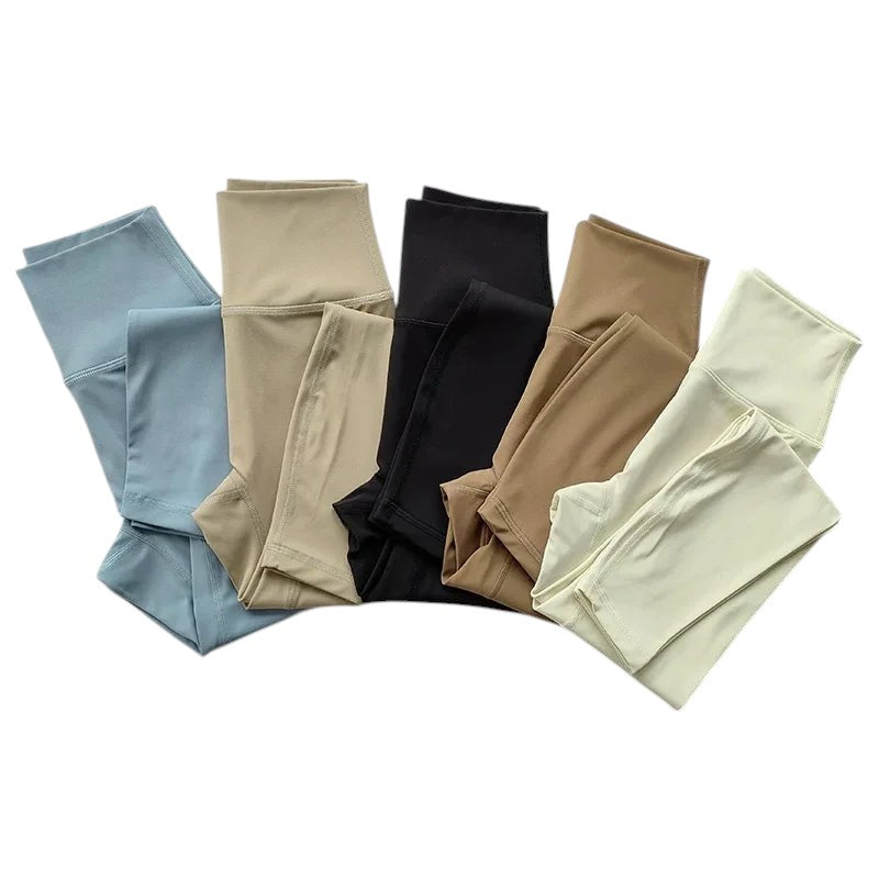 COMFORT women's high-waisted activewear leggings in light blue, beige, black, tan, and cream.