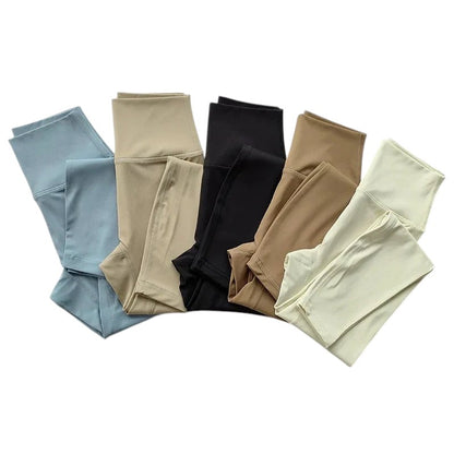 COMFORT women's high-waisted activewear leggings in light blue, beige, black, tan, and cream.