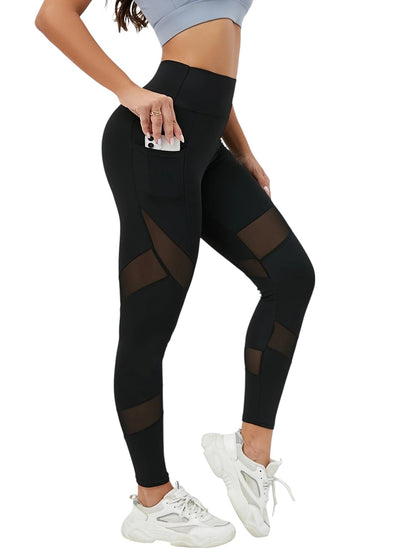 COMFORTHigh-waisted black leggings with mesh panels and side pockets. Perfect for yoga, running, or gym.