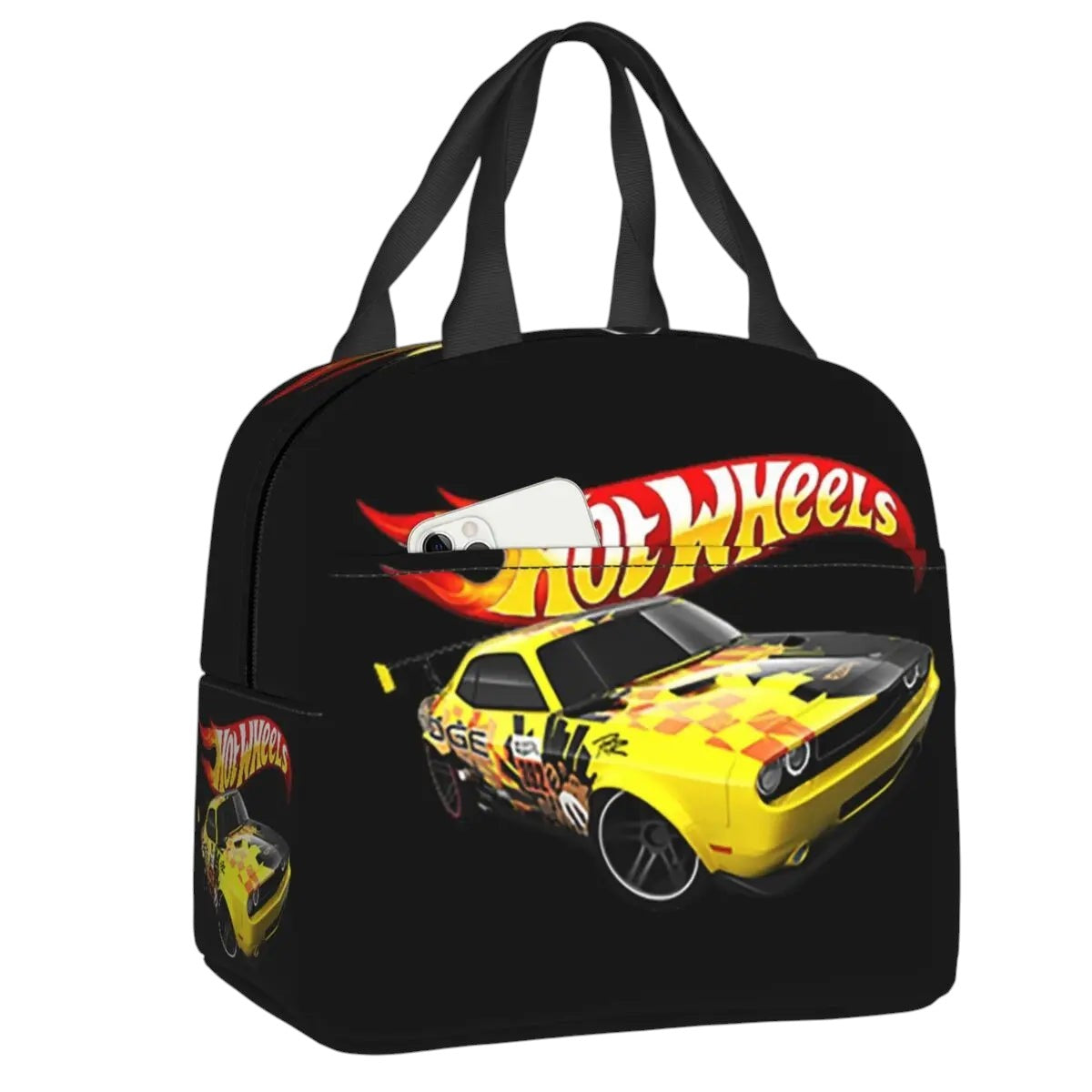 COMFORT Hot Wheels insulated lunch bag with yellow race car graphic and flame logo. Black, polyester.