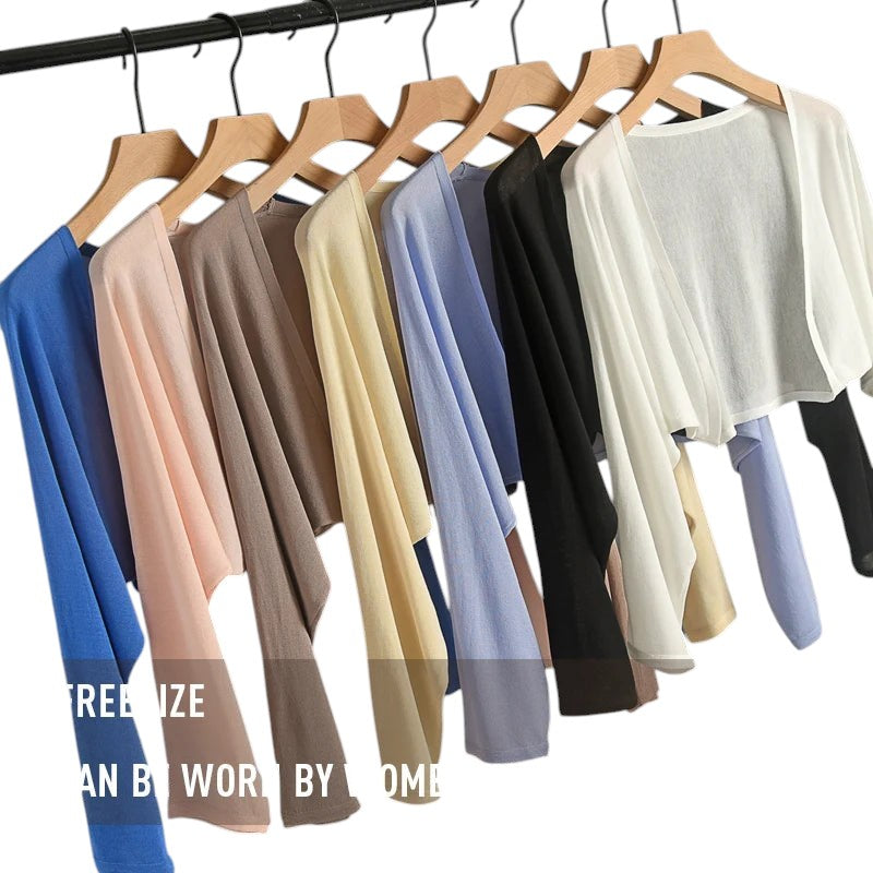 COMFORTH women's lightweight ice silk knit cover-up cardigan in various colors: blue, pink, beige, camel, yellow, light purple, black, and white.