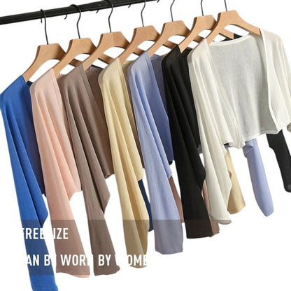 COMFORTH women's lightweight ice silk knit cover-up cardigan in various colors: blue, pink, beige, camel, yellow, light purple, black, and white.