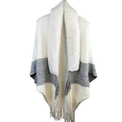COMFORTH white and grey striped knit poncho wrap with white faux fur trim and fringe detail