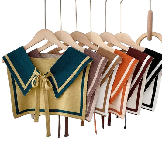 COMFORT knit sailor collar with yellow and teal trim, tie closure. Detachable fake collar accessory.
