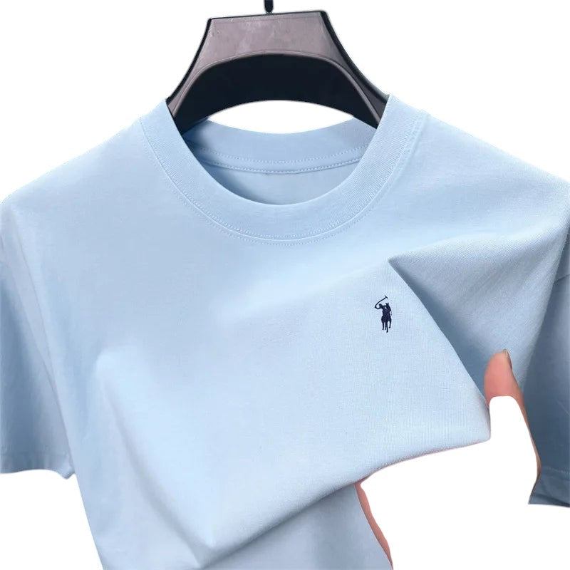 COMFORT light blue cotton blend crew neck short sleeve t-shirt with embroidered logo on chest