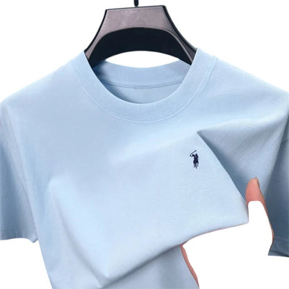 COMFORT light blue cotton blend crew neck short sleeve t-shirt with embroidered logo on chest