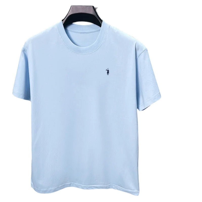 COMFORT light blue cotton blend crew neck short sleeve t-shirt with embroidered logo on chest