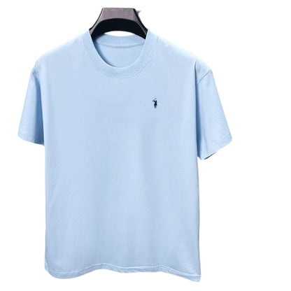 COMFORT light blue cotton blend crew neck short sleeve t-shirt with embroidered logo on chest