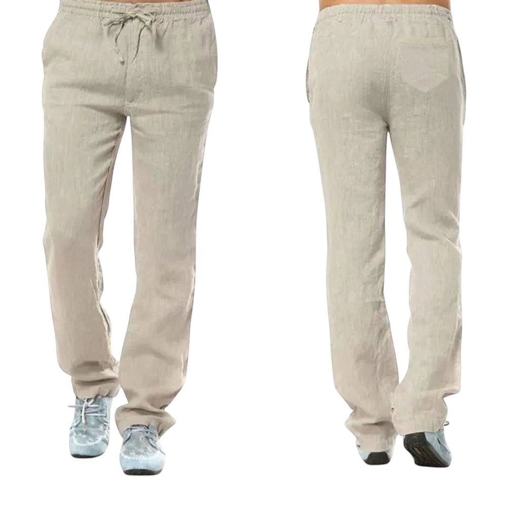 COMFORT beige linen blend drawstring casual pants with side pockets and a relaxed fit.