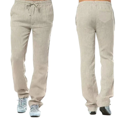 COMFORT beige linen blend drawstring casual pants with side pockets and a relaxed fit.