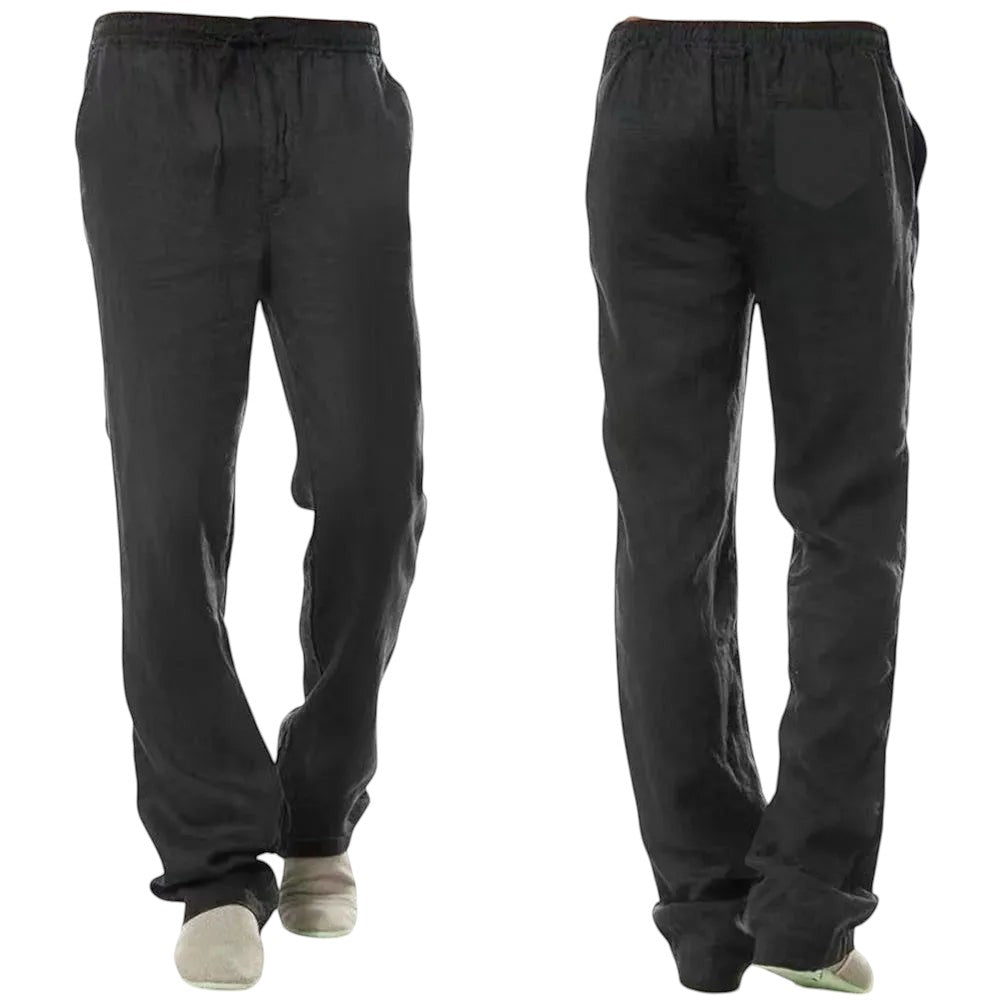COMFORT black linen blend drawstring casual pants with side pockets