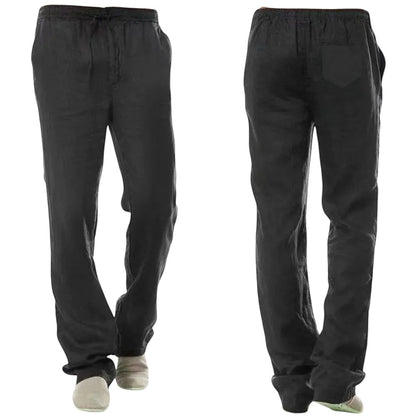 COMFORT black linen blend drawstring casual pants with side pockets