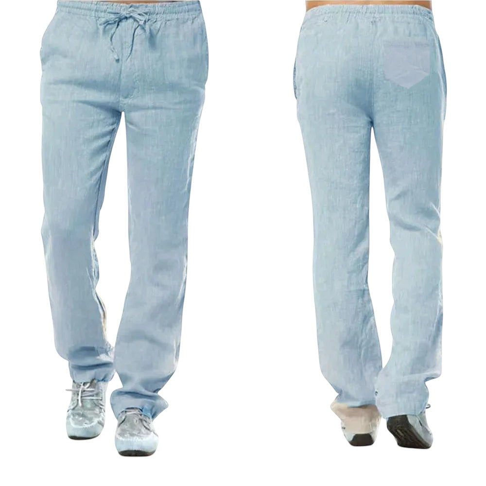 COMFORT light blue linen blend drawstring casual pants with side pockets