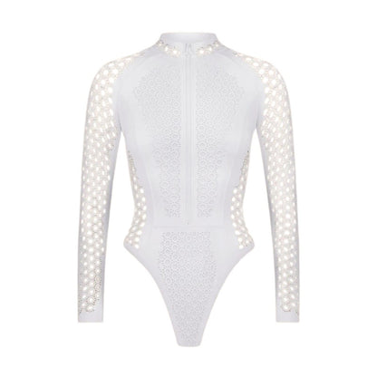 COMFORTH white long sleeve lace one piece swimsuit with full zip front and cut-out details