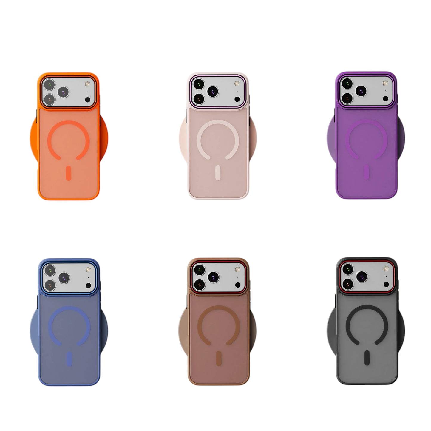 COMFORTH phone case with magnetic ring, available in orange, pink, purple, blue, brown, and grey. Shock-absorbent and MagSafe compatible.