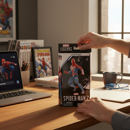 COMFORTH Marvel Legends Spider-Man 2 action figure in box, featuring red and blue suit with white web details.